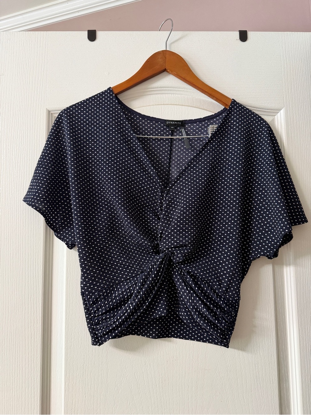 Dynamite Navy White Polka Dot Twist-Front Crop Top